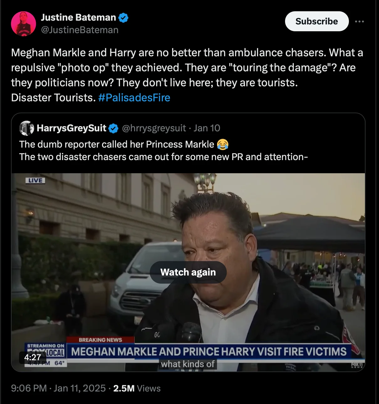 Justine Bateman on Prince Harry and Meghan Markle visiting fire victims: ‘They are tourists. Disaster tourists’