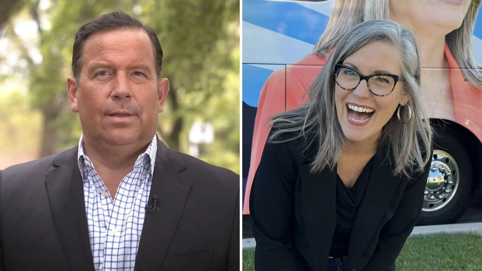 Steve Cortes, founder, League of American Workers, left, and AZ Gov. Katie Hobbs (D)