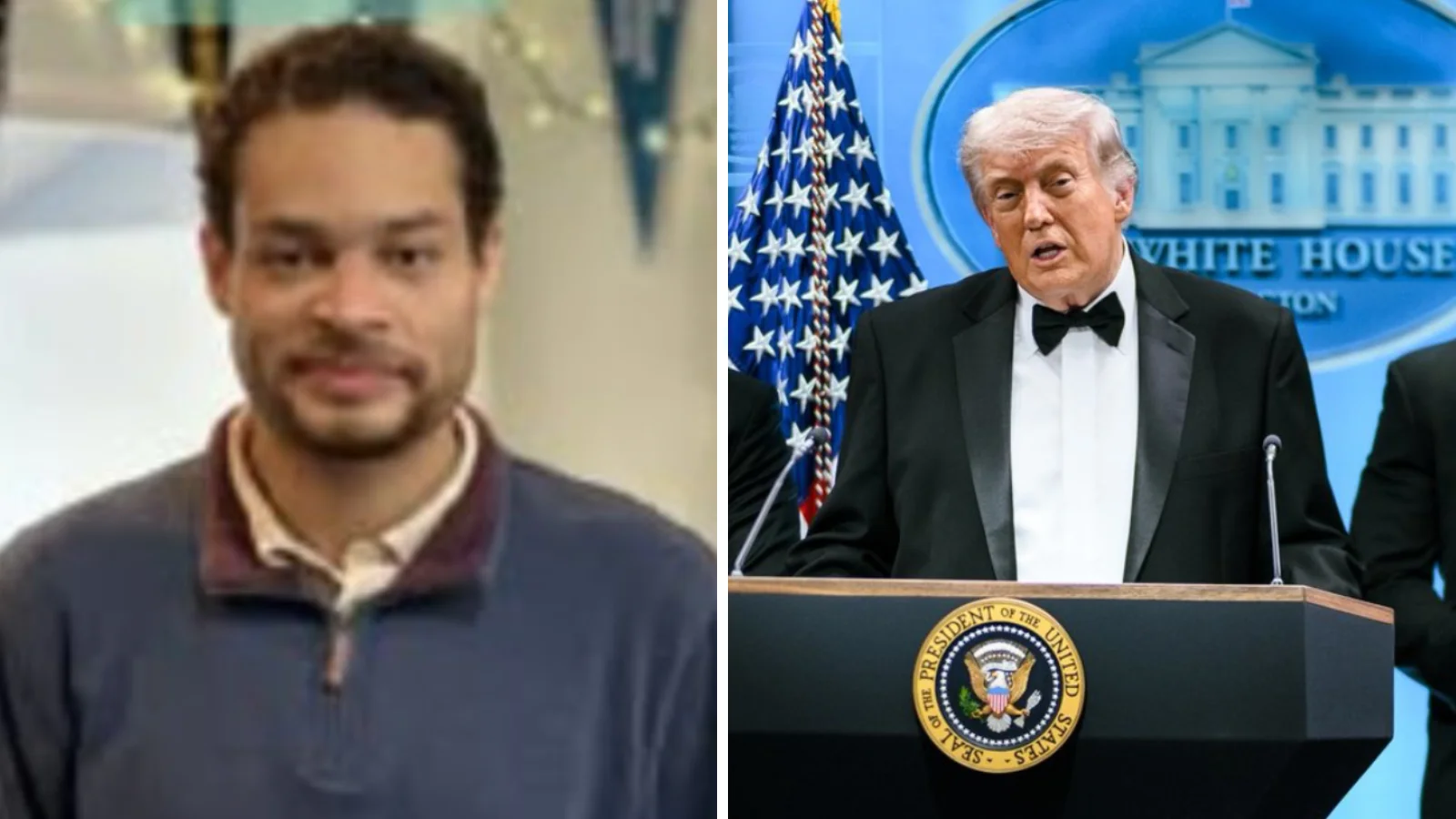 Alleged White House Correspondents Dinner shooter Cole Allen, left, and President Donald Trump