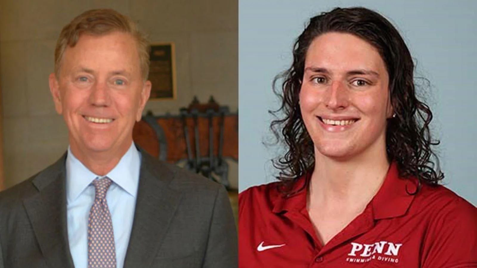 Connecticut Gov. Ned Lamont, left, and University of Pennsylvania male swimmer Will "Lia" Thomas - State of Connecticut / Penn Athletics