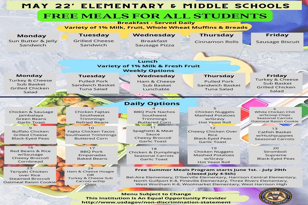 Harrison County School District MS – Breakfast and Lunch Menus for the Month of May
