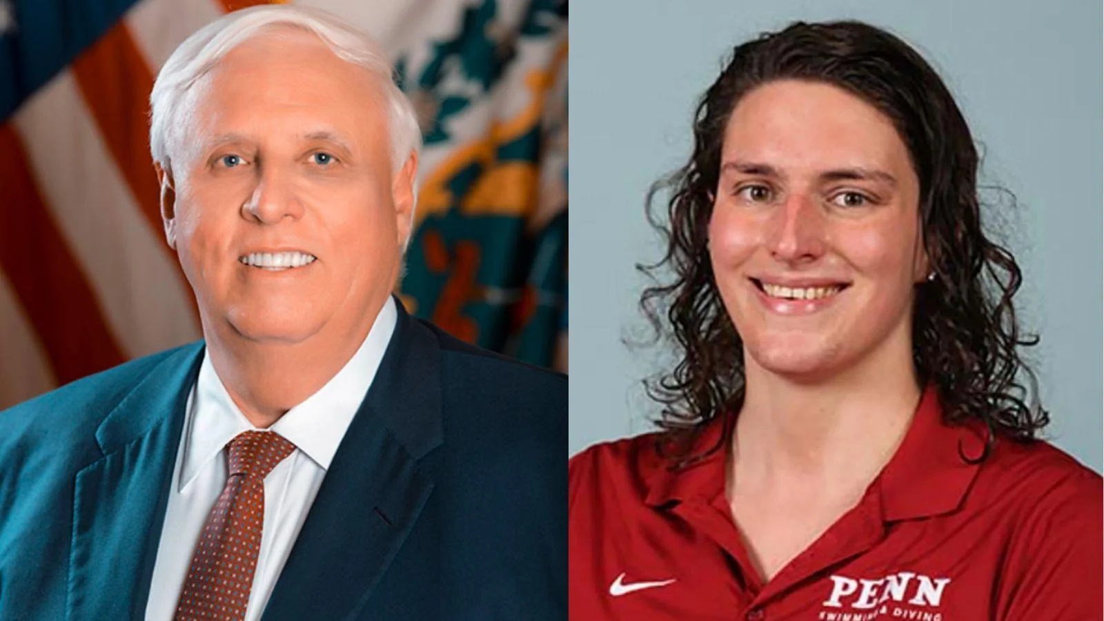 West Virginia Gov. Jim Justice, left, and University of Pennsylvania male swimmer Will "Lia" Thomas - State of West Virginia / Penn Athletics