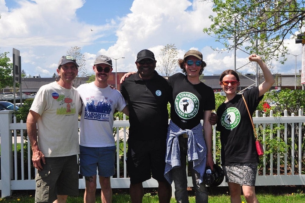 South Burlington starbucks workers rally in support of union drive with Vermont AFL-CIO leaders & community supporters