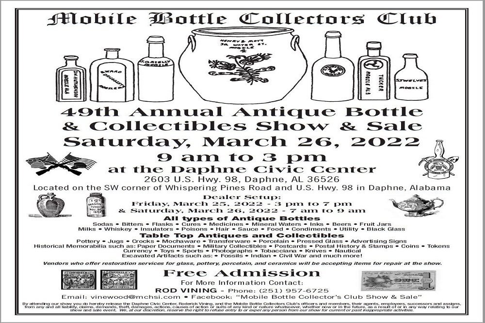49th Annual Antique Bottle Collectibles Show and Sale on March 26 49th Annual Antique Bottle Collectibles Show and Sale on March 26