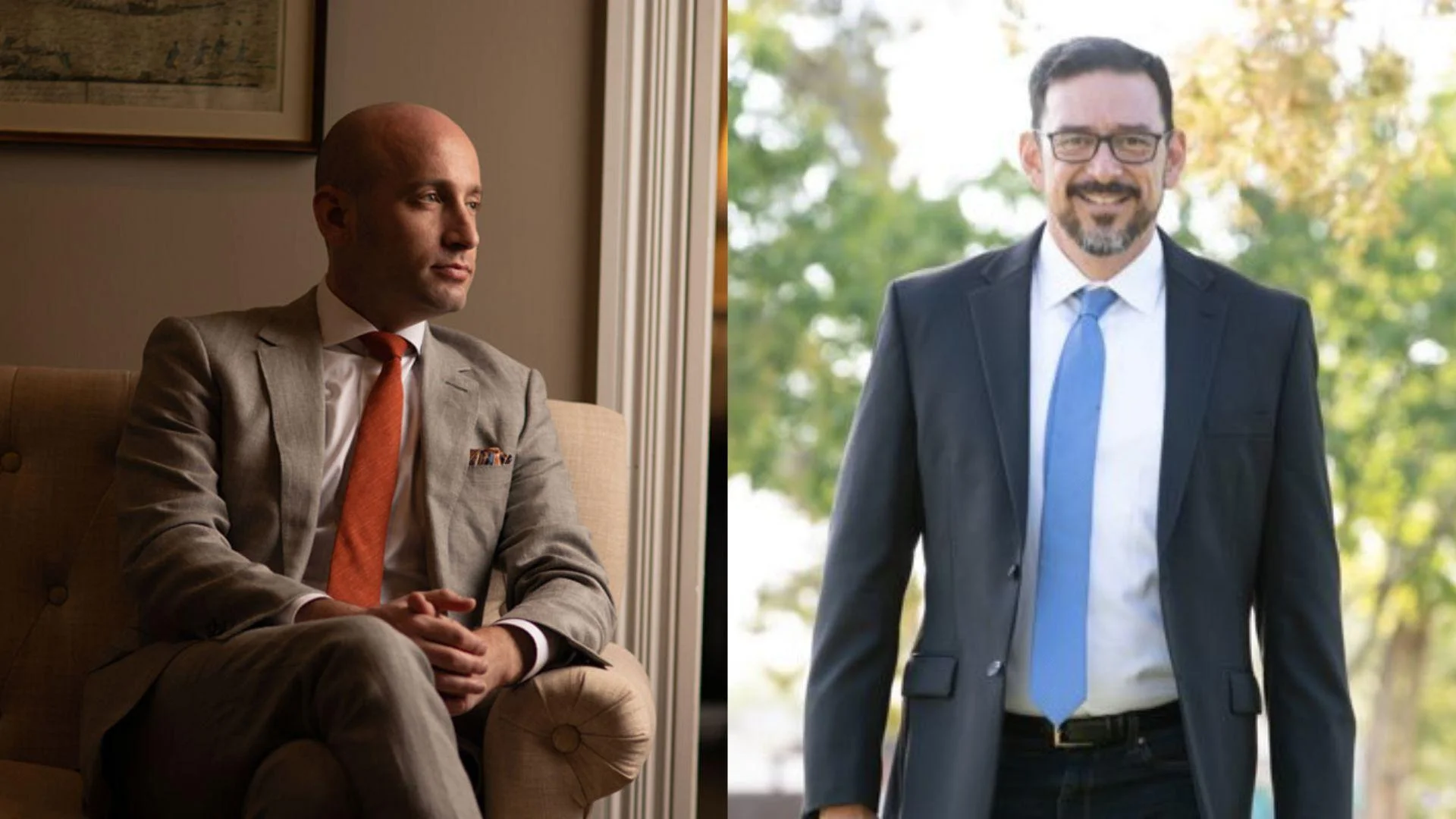 America First Legal President Stephen Miller, left, and Arizona Secretary of State Adrian Fontes