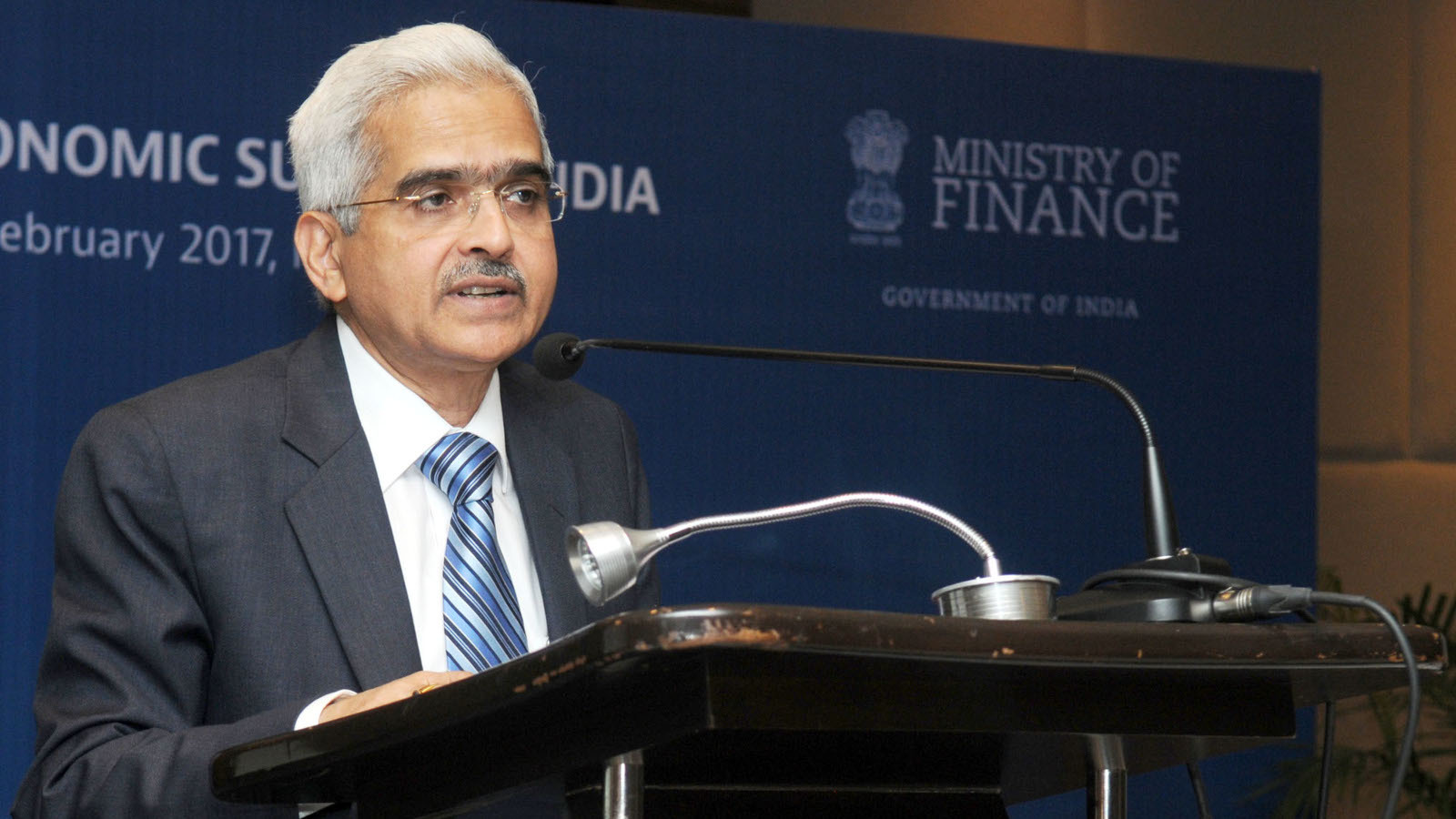 Shaktikanta Das addresses participants in the OECD Economic Survey of India in New Delhi several years ago. - Press Information Bureau, Government of India