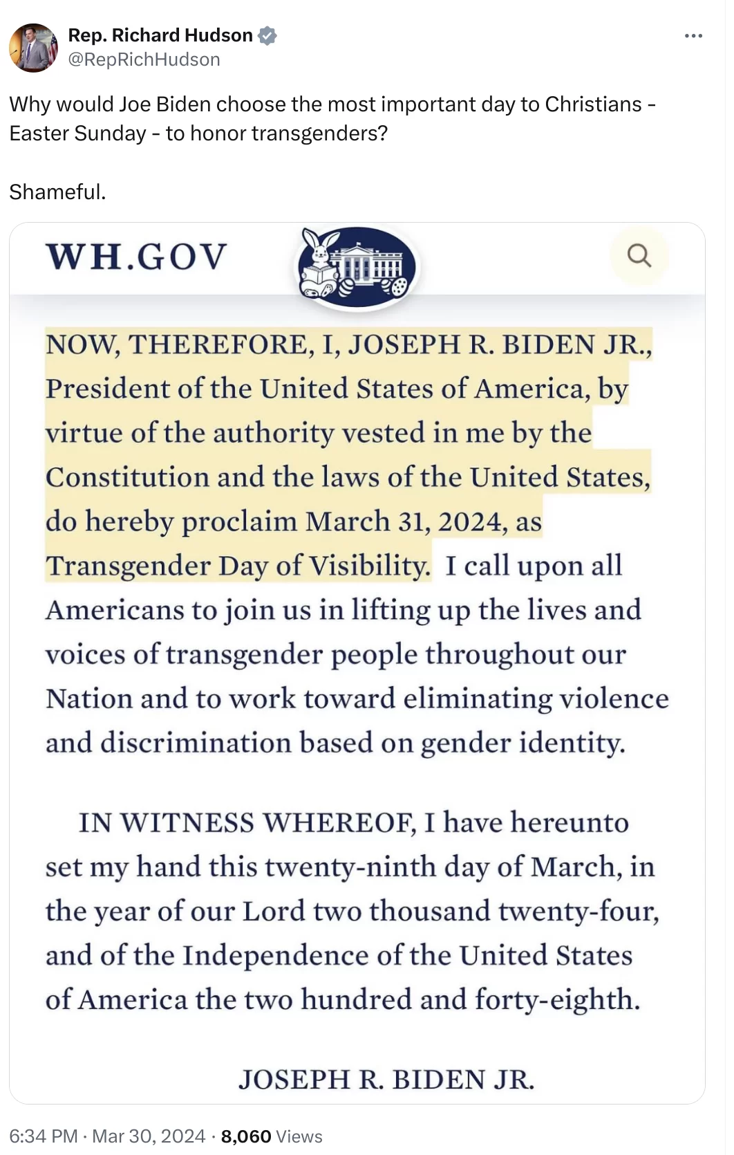 State Rep. Hudson: Its ‘shameful’ for Biden to ‘choose the most important day to Christians – Easter Sunday – to honor transgenders’