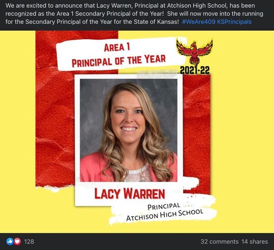 In our # 5 spot as we countdown to the new year, is the post recognizing Lacy Warren as the Principal of the Year for Region 1!