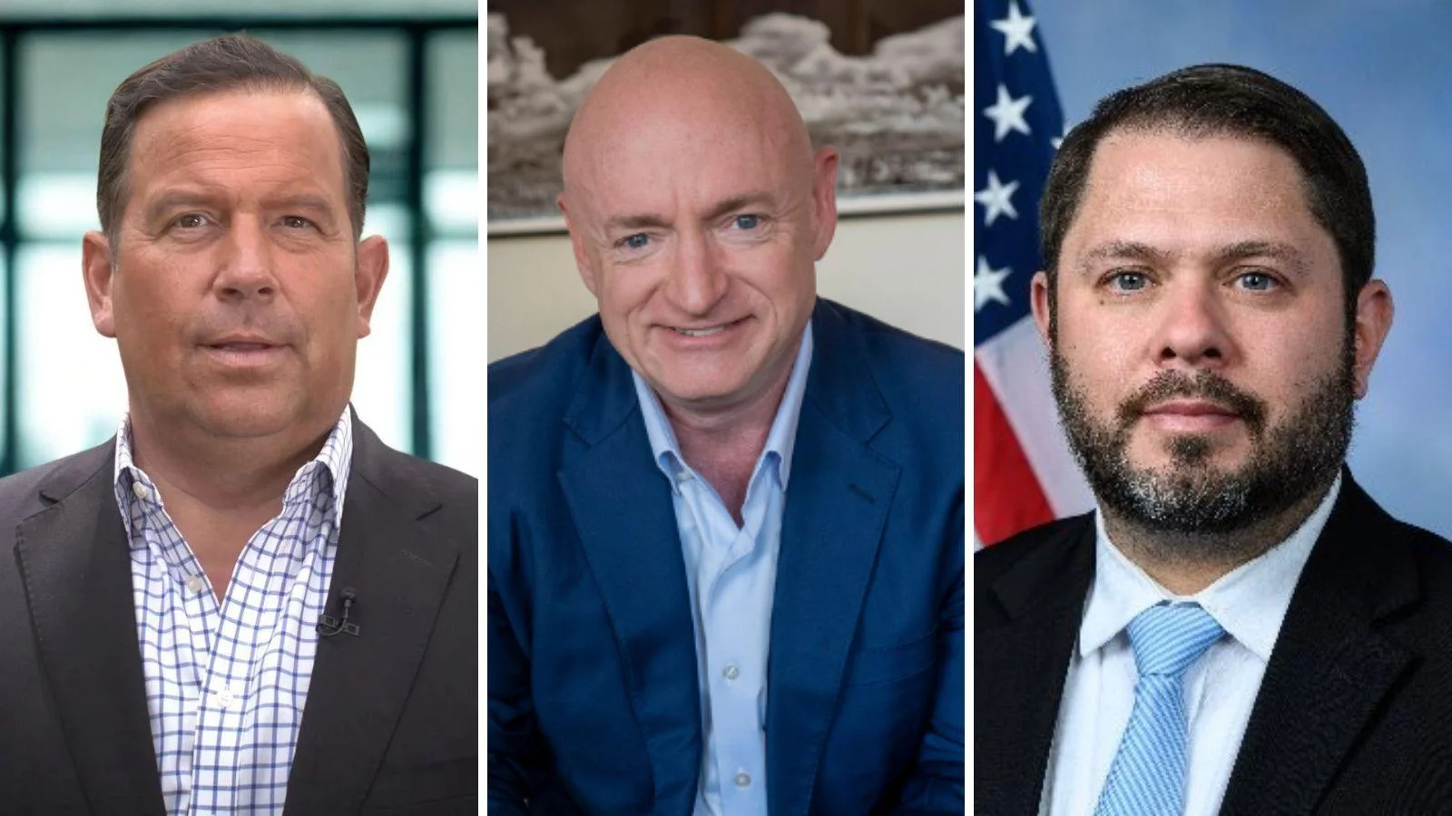 Steve Cortes, League of American Workers, left, U.S. Sen. Mark Kelly (D-AZ), center, U.S. Sen. Ruben Gallego (D-AZ)