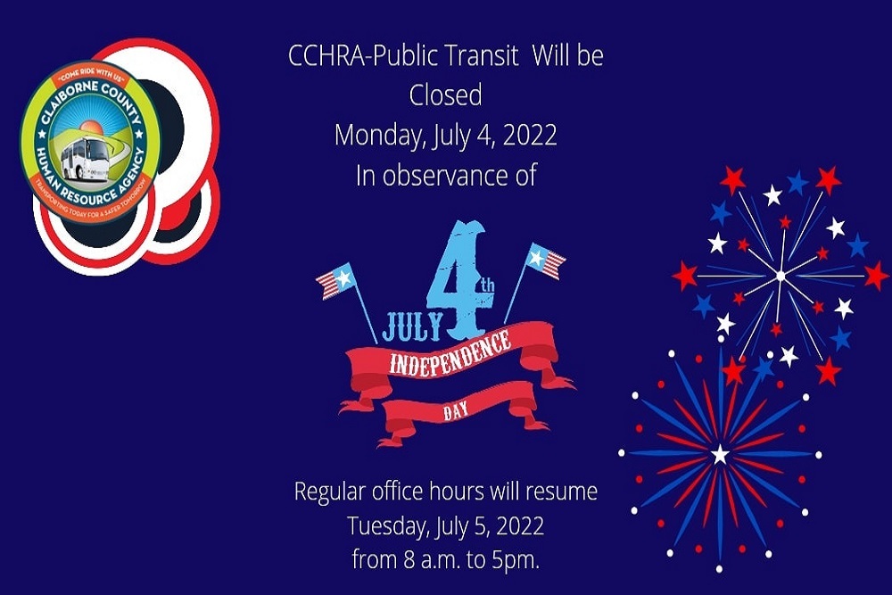 Claiborne County Human Resource Agency Public Transit – CCHRA-Public Transit Will Be Closed Monday