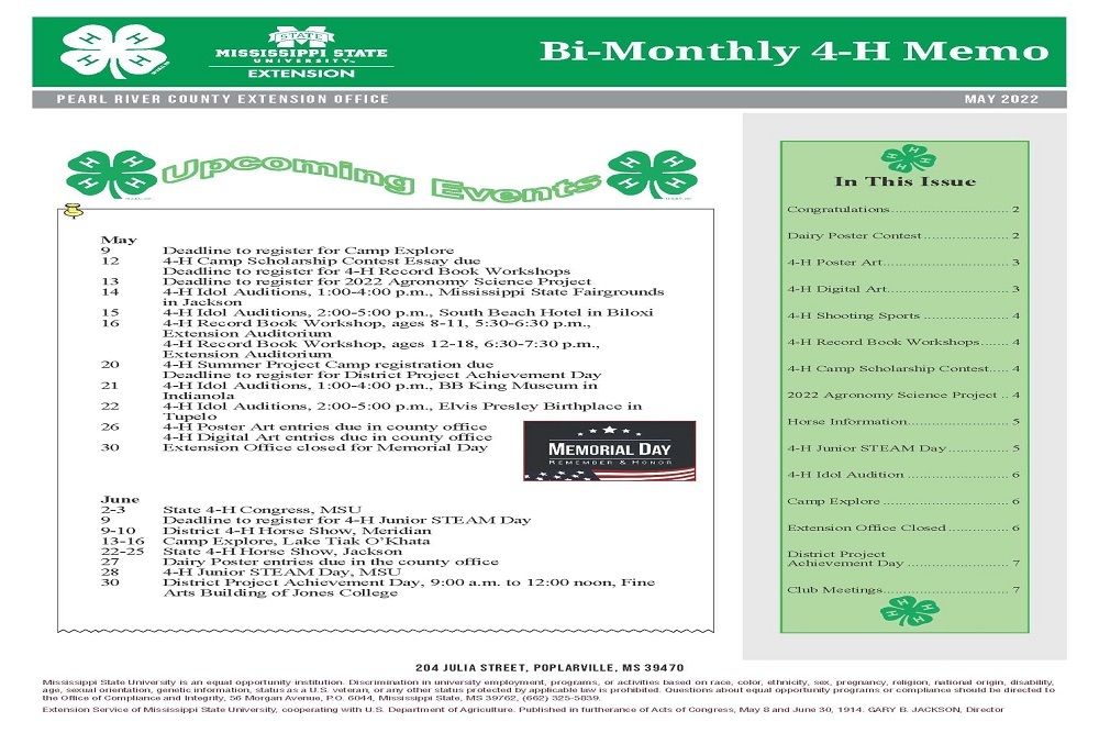 Pearl River County 4-H – Bi-Monthly 4-H Memo