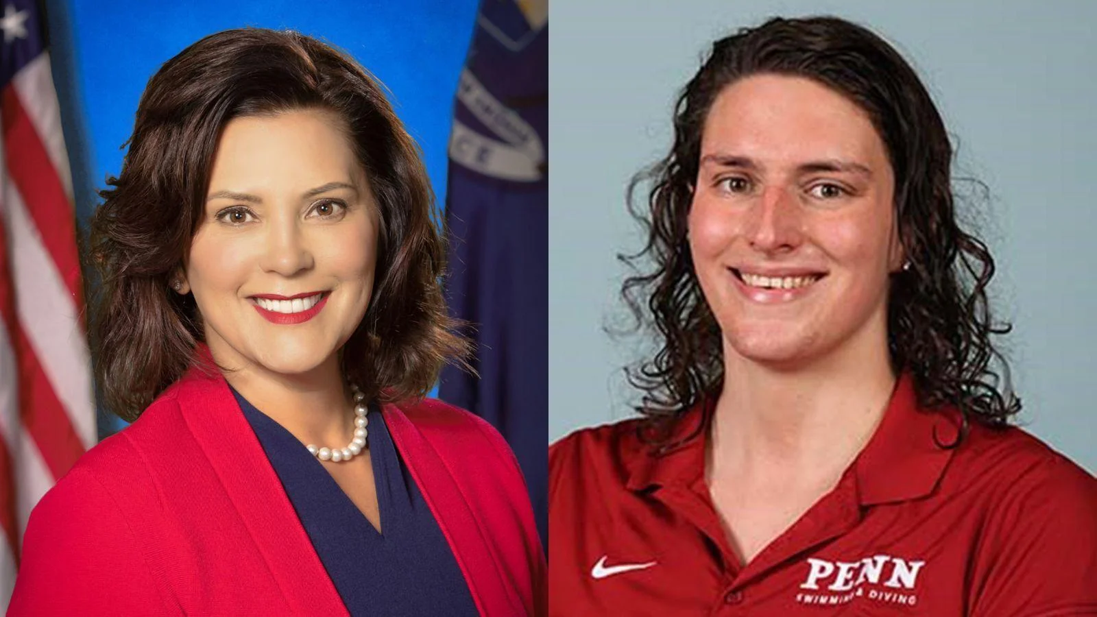 Michigan Gov. Gretchen Whitmer, left, and University of Pennsylvania male swimmer Will Lia Thomas