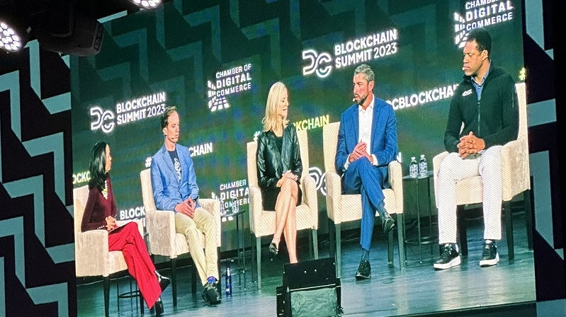 Angie Lau (left), Erik Vorhees, Kathy Kraninger, Jonathan Jachym and Rashan Colbert speak on the "Building Trust: Understanding the Complexities and Policy Considerations of Decentralization" panel at the D.C. Blockchain Summit. - Juliette Fairley