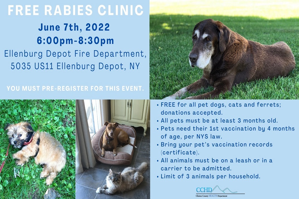 CCHD Is Hosting a Free Rabies Clinic on Tuesday, June 7th, 2022 at the Ellenburg Depot Fire Department