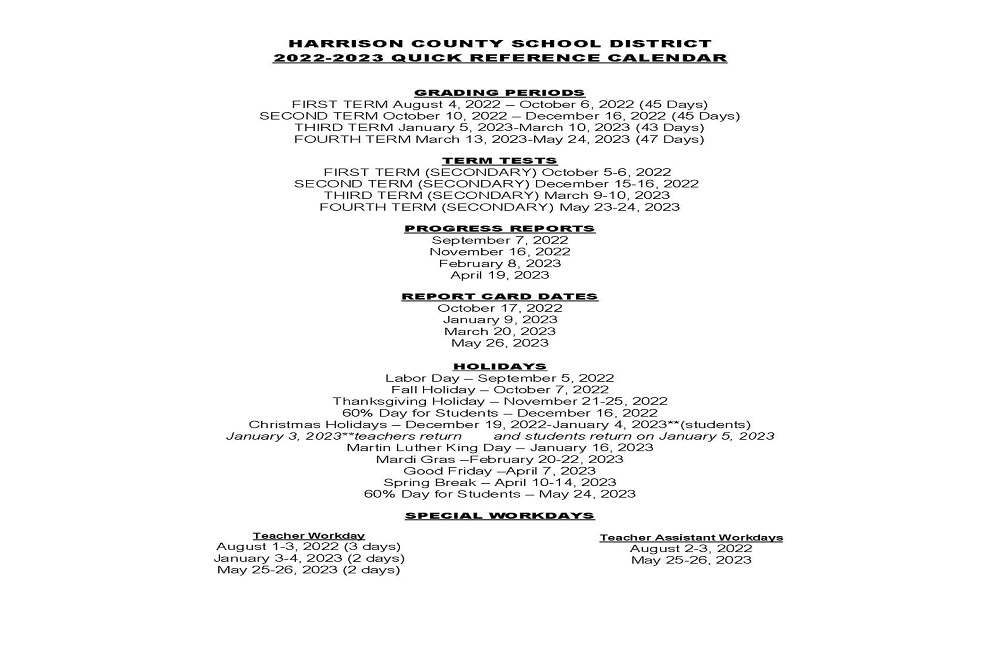 Harrison County School District MS Quick Reference District Calendars