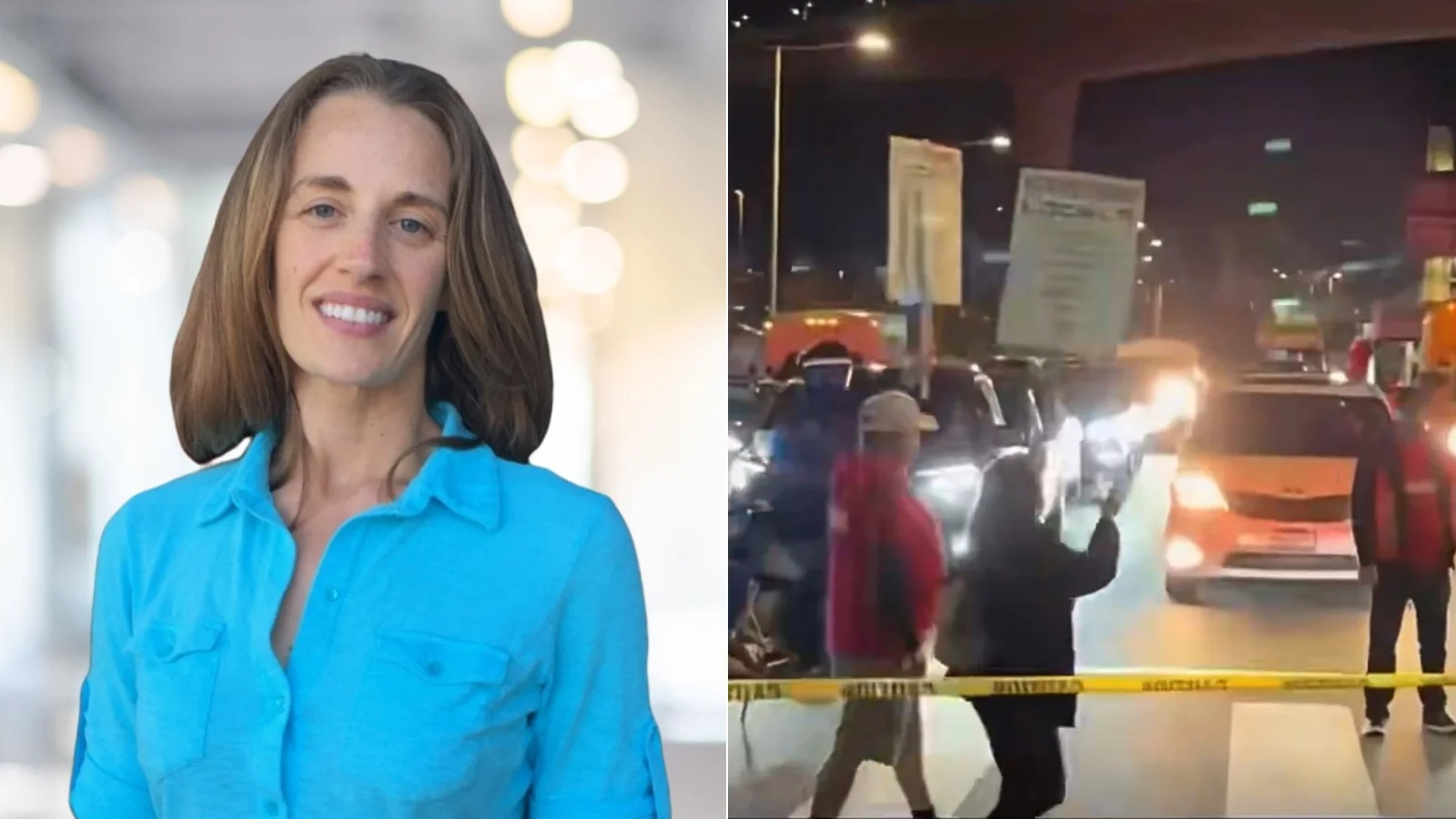 Lisa Cusack, CA 44th Assembly District GOP chair, left, and UNITE HERE Local 11 protest at LAX - Facebook / X