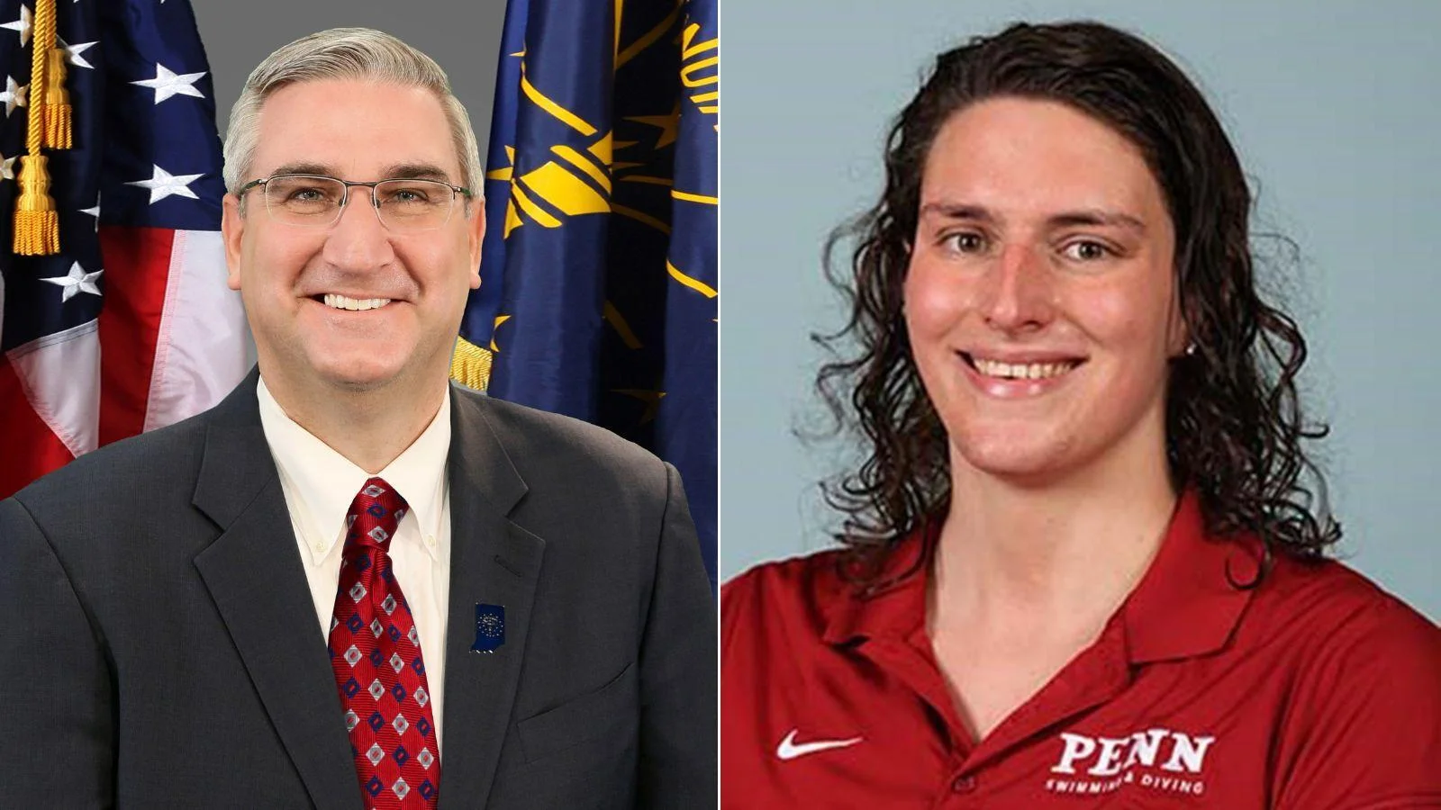 Indiana Gov. Eric Halcomb, left, and University of Pennsylvania male swimmer Will "Lia" Thomas - State of Indiana / Penn Athletics