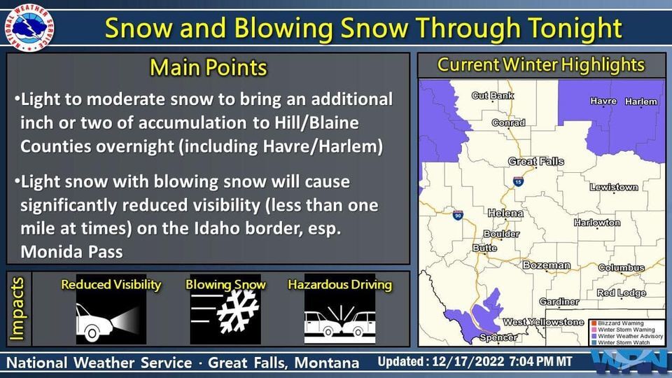 Persistent Snow in Hill and Blaine Counties Will Linger Overnight