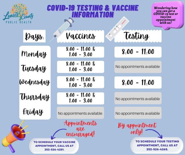 COUNTY OF LENOIR HEALTH DEPARTMENT: COVID-19 Testing and Vaccine Information COUNTY OF LENOIR HEALTH DEPARTMENT: COVID-19 Testing and Vaccine Information