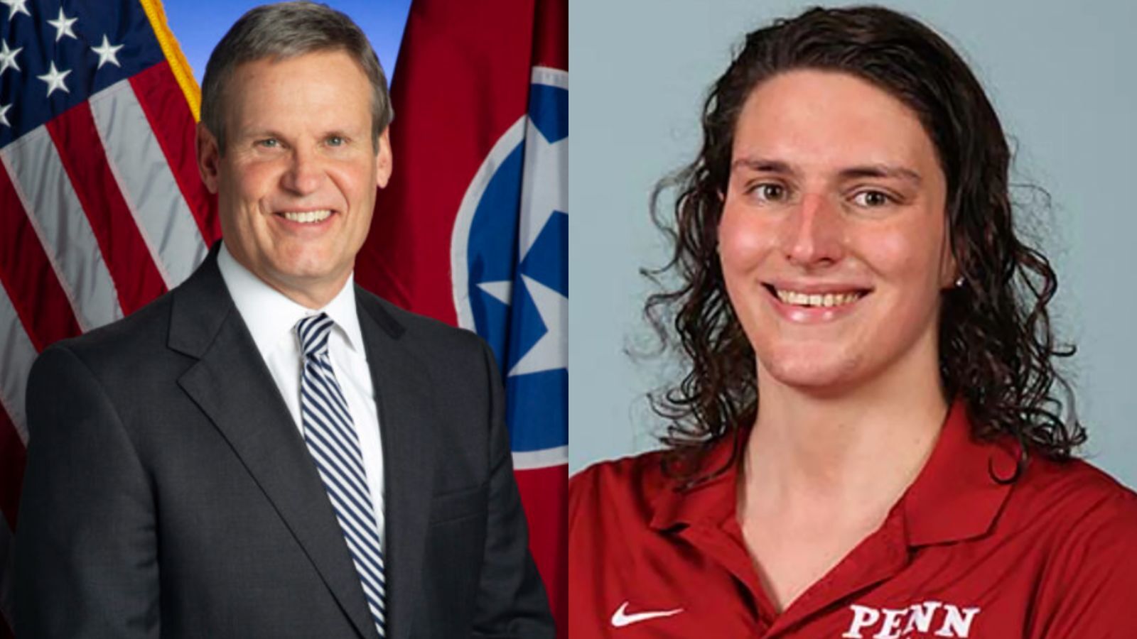 Tennessee Gov. Bill Lee, left, and University of Pennsylvania male swimmer Will "Lia" Thomas - State of Tennessee / Penn Athletics