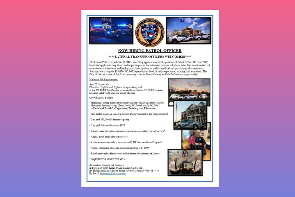 CITY OF LOCUST POLICE DEPARTMENT: Now Hiring Patrol Office – Lateral Transfer Officers Welcome!