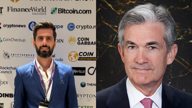 Crypto investor Giannis Andreou (left) and Federal Reserve Chair Jerome Powell (right)