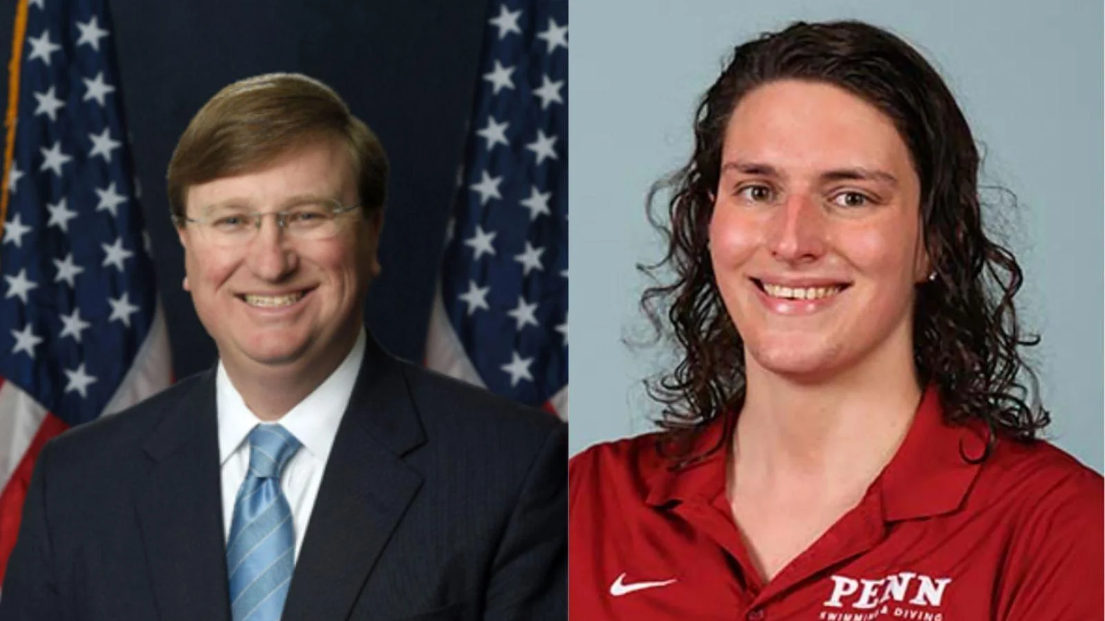 Mississippi Gov. Tate Reeves, left, and University of Pennsylvania male swimmer Will "Lia" Thomas - State of Mississippi / Penn Athletics