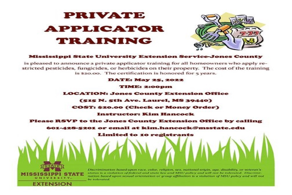 Jones County Extension Office, Jones County 4-H – In-Person Private Applicator Training on May 25th
