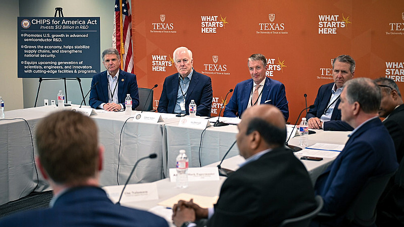 U.S. Rep. Michael McCaul (R-Austin) [left] and U.S. Sen. John Cornyn (R-TX) [second from left] participate in a UT semiconductor roundtable.