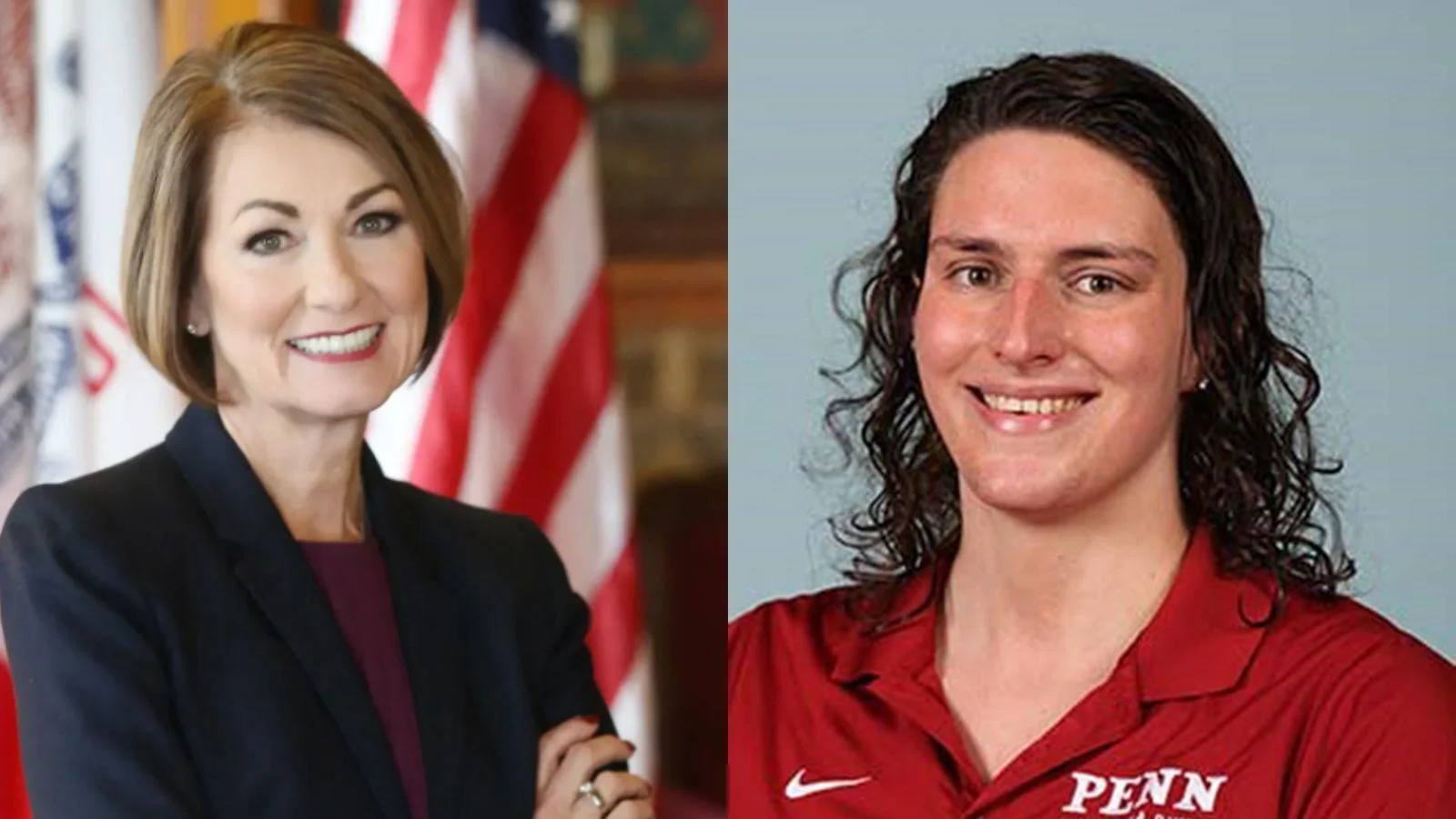 Iowa Gov. Kim Reynolds, left, and University of Pennsylvania male swimmer Will "Lia" Thomas