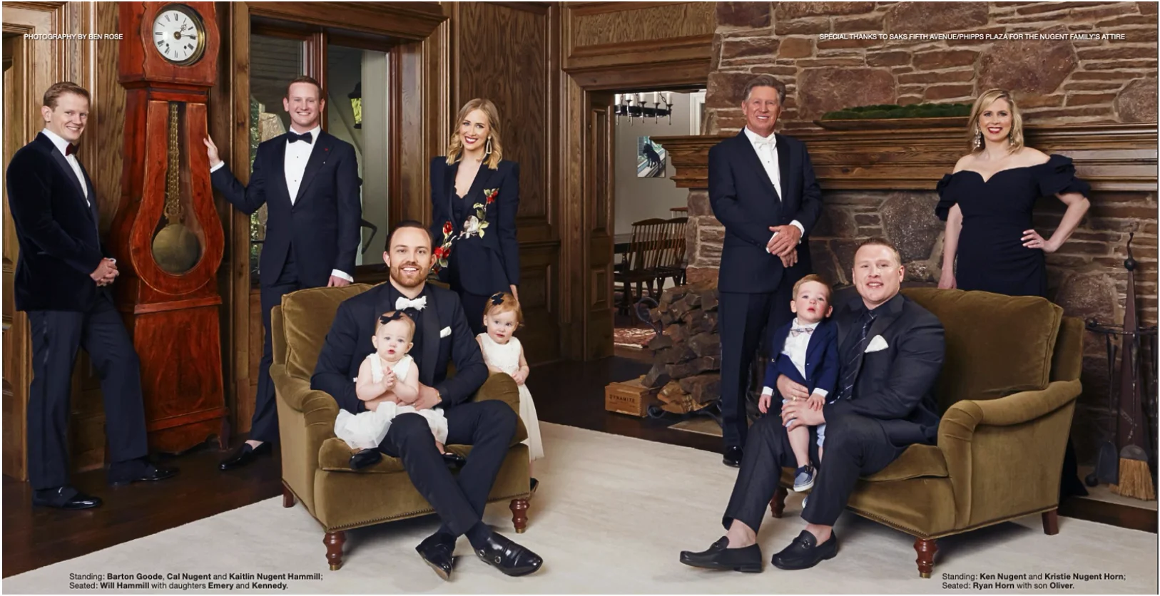 Ken Nugent Family, Standing (L-R) Barton Goode, Cal Nugent, Kaitlin Nugent Hammill, Ken Nugent, Kristie Nugent Horn; Seated (L-R) Will Hammill, Ryan Horn - Ben Rose for Southern Seasons Magazine
