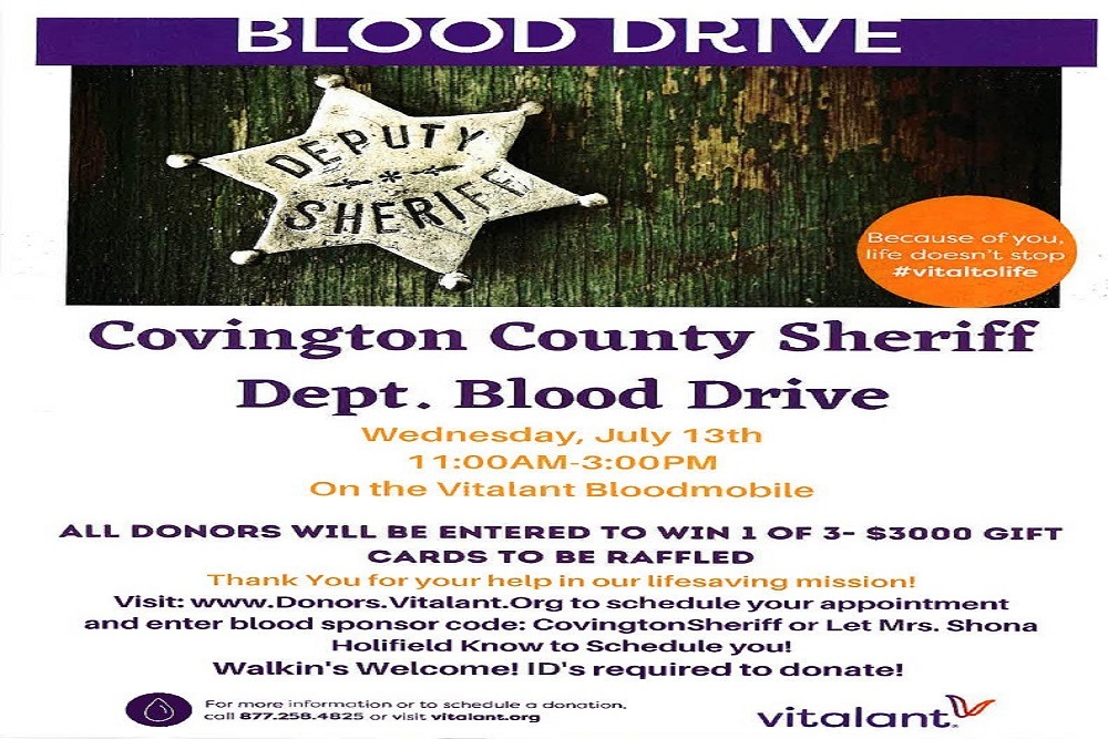 Covington County Sheriff’s Office – Blood Drive on Wednesday, July 13, 2022