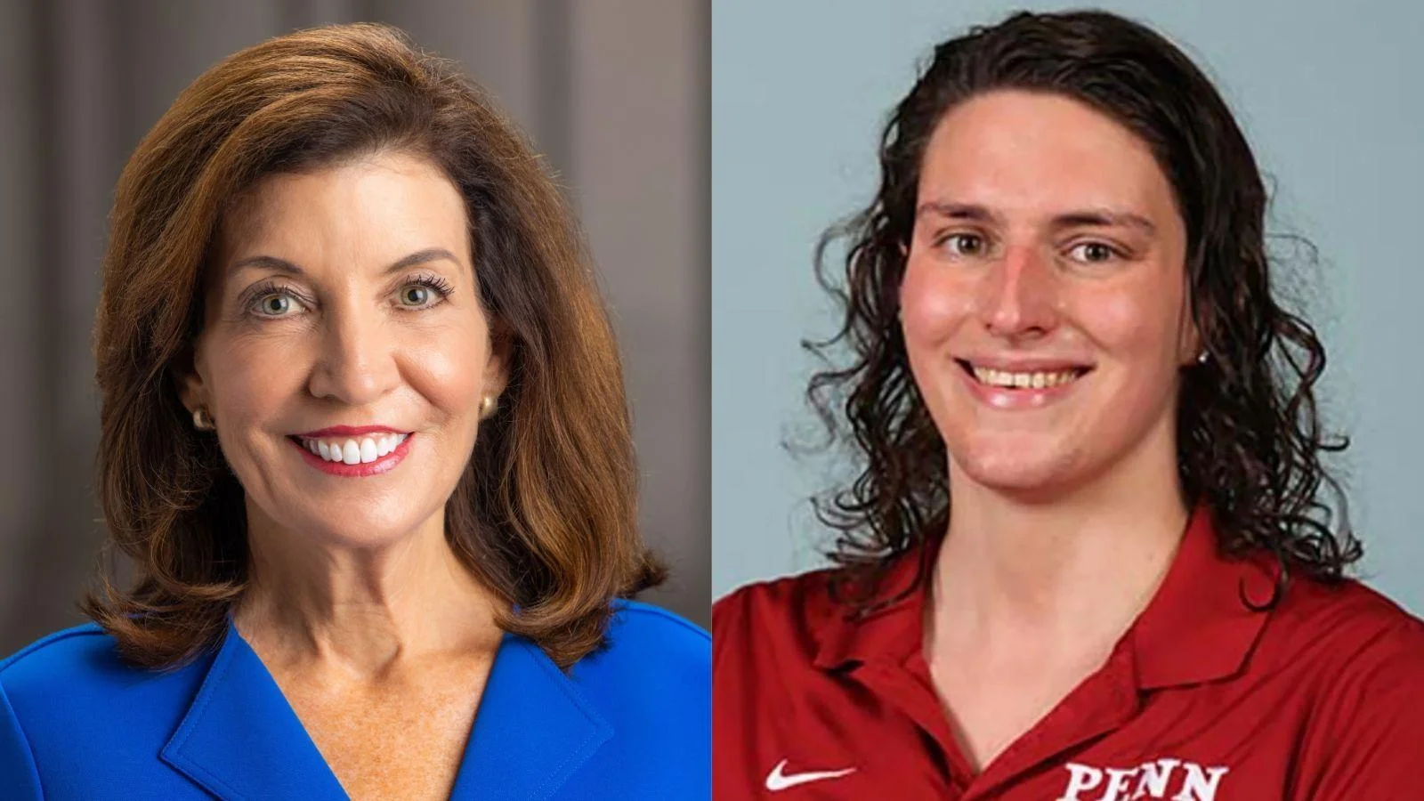 New York Gov. Kathy Hochul, left, and University of Pennsylvania male swimmer Will "Lia" Thomas - State of New York / Penn Athletics