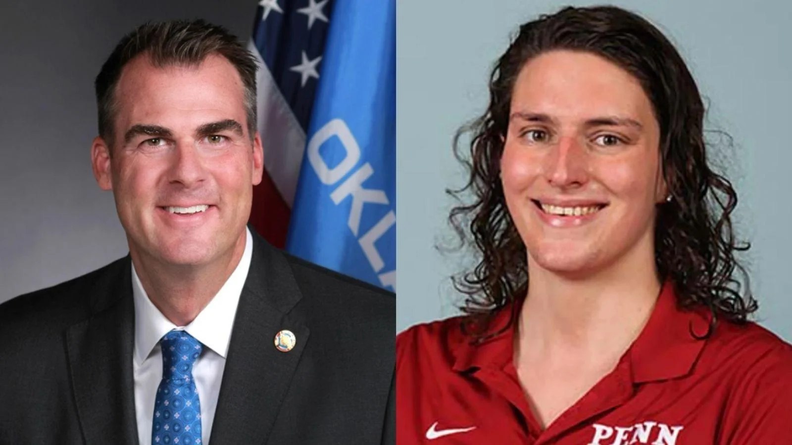 Oklahoma Gov. Kevin Stitt, left, and University of Pennsylvania male swimmer Will "Lia" Thomas