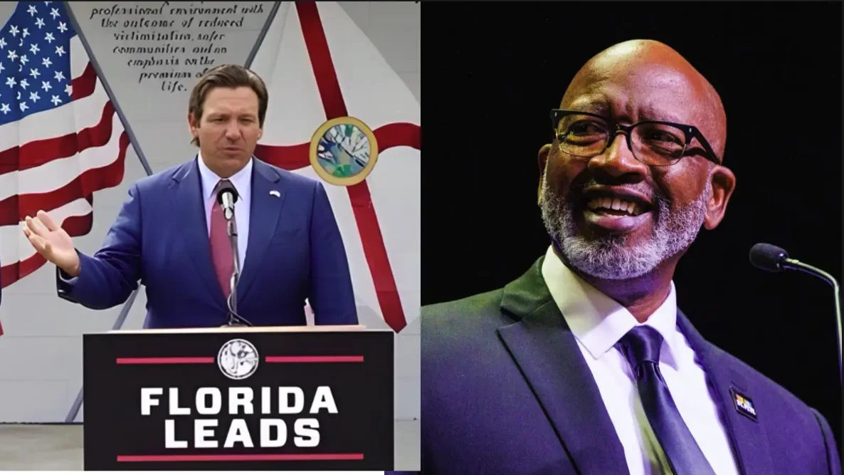 Caption: Proposed Florida tax reforms are poised to pressure local government budgets; Gov. Ron DeSantis (right), St. Petersburg Mayor Ken Welch (left)