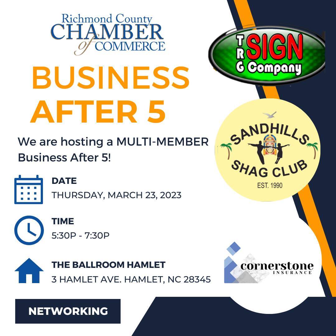 RICHMOND COUNTY CHAMBER OF COMMERCE: Business After 5 – TRG Sign Company, Sandhills Shag Club, & Cornerstone Insurance RICHMOND COUNTY CHAMBER OF COMMERCE: Business After 5 – TRG Sign Company, Sandhills Shag Club, & Cornerstone Insurance
