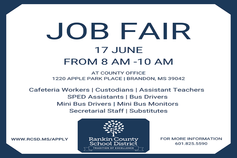 Rankin County School District Now Hiring: Cafeteria Workers, Custodians, Assistant Teachers, SPED Assistants, Bus Drivers, Mini Bus Drivers, Mini Bus Monitors, & Secretaries