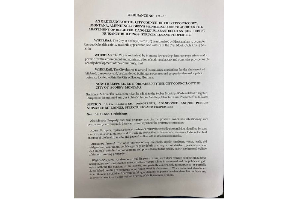 City of Scobey Is Considering Ordinance 22-01