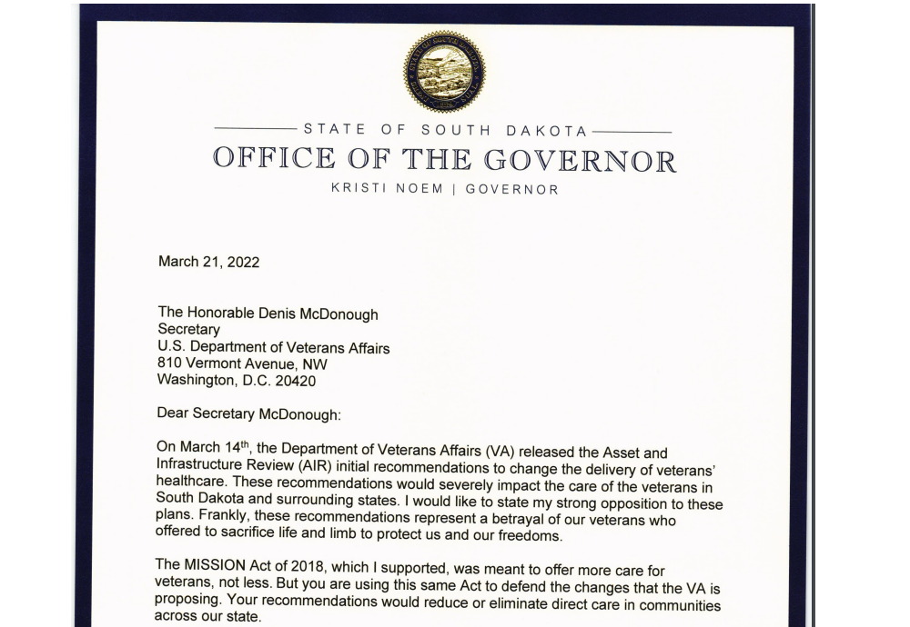 Gov. Noem Asks VA Secretary McDonough to Shift Course and Not Betray our Veterans Gov. Noem Asks VA Secretary McDonough to Shift Course and Not Betray our Veterans