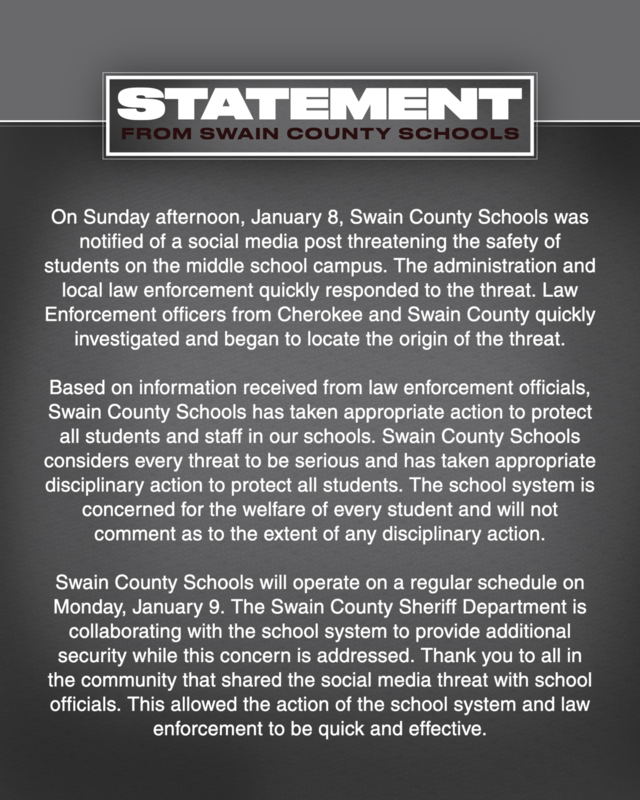 SWAIN COUNTY SCHOOLS: Social Media Post – Update