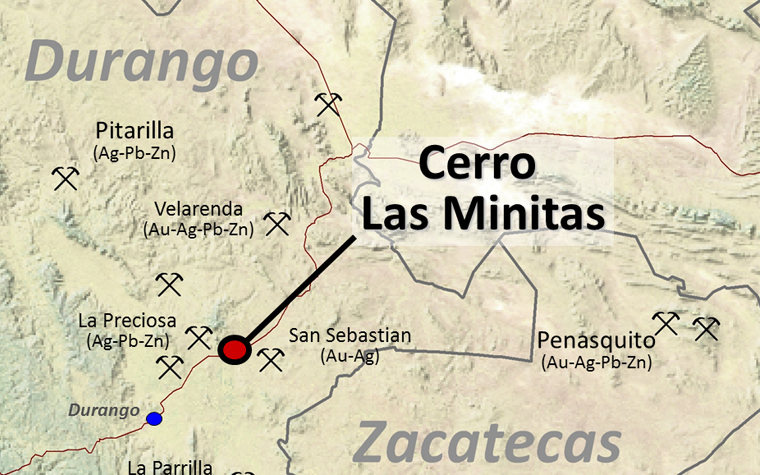 A map of the Cerro Las Minitas mine and surrounding area.
