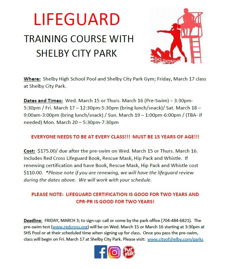 CITY OF SHELBY PARKS AND RECREATION DEPARTMENT: Upcoming Lifeguard course! CITY OF SHELBY PARKS AND RECREATION DEPARTMENT: Upcoming Lifeguard course!