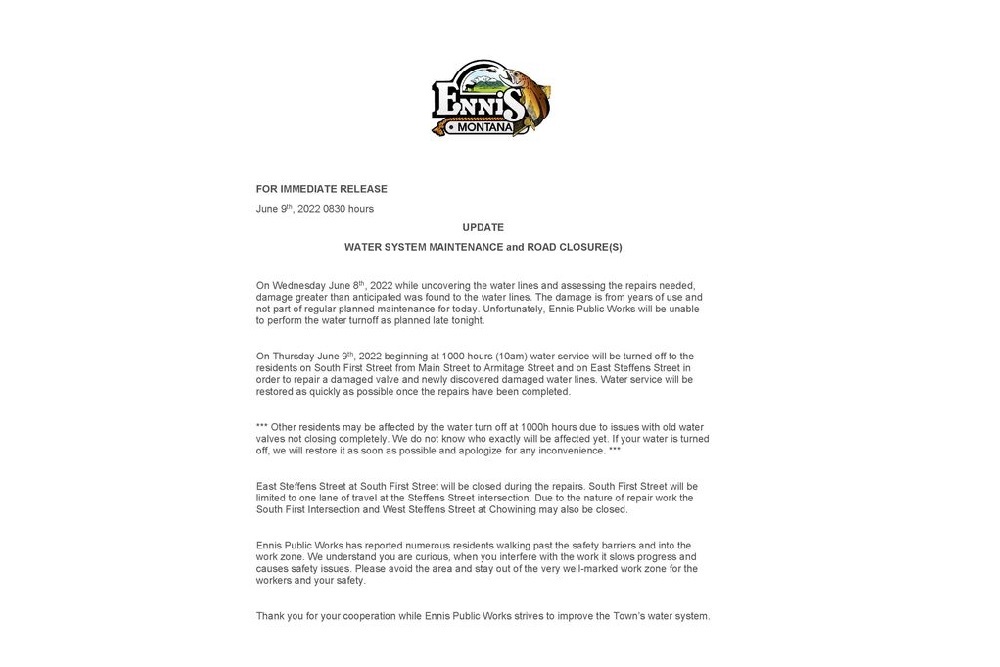 Water System Maintenance and Road Closure