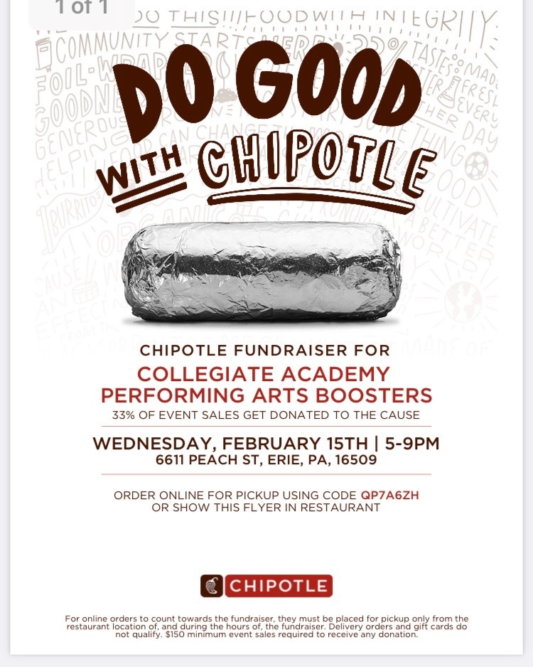 The Collegiate Academy Performing Arts Boosters are holding a Chipotle fundraiser