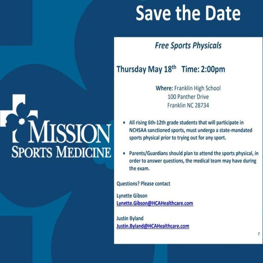 FRANKLIN HIGH SCHOOL: Mission Health Sponsored FREE Sports Physicals for rising 6th – 12th Grade students on May 18th!