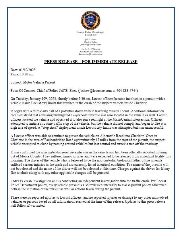 CITY OF LOCUST POLICE DEPARTMENT: Motor Vehicle Pursuit