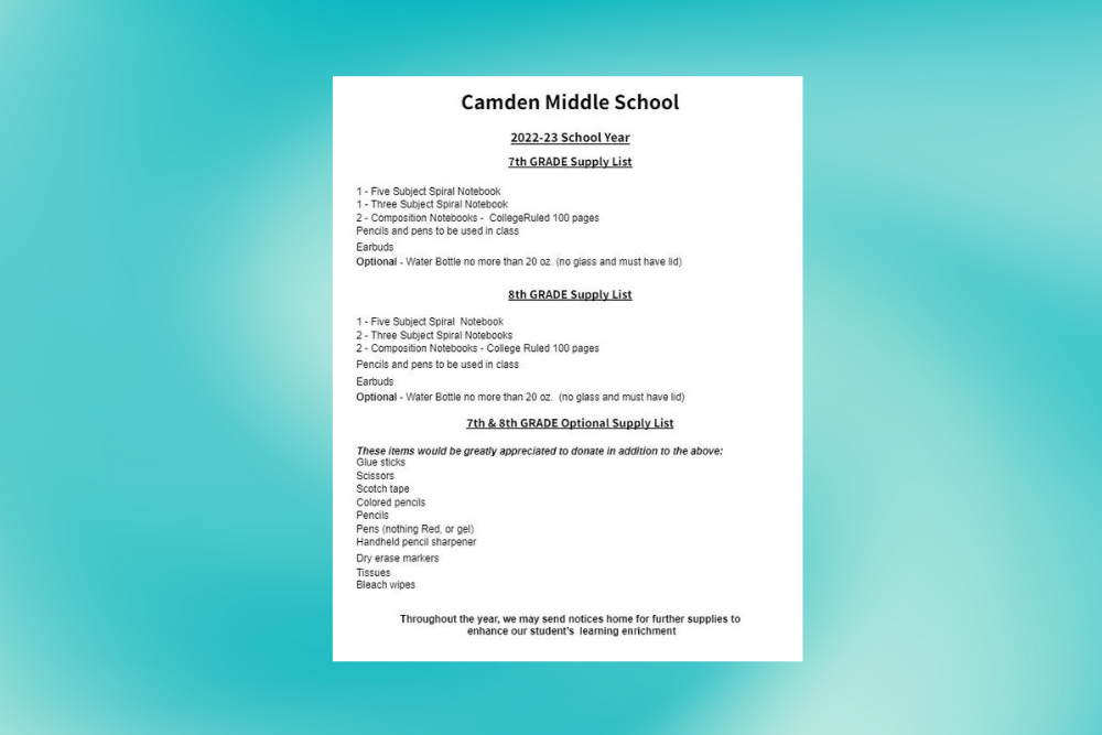 CAMDEN COUNTY MIDDLE SCHOOL: 7th Grade 22-23 SY Supply List