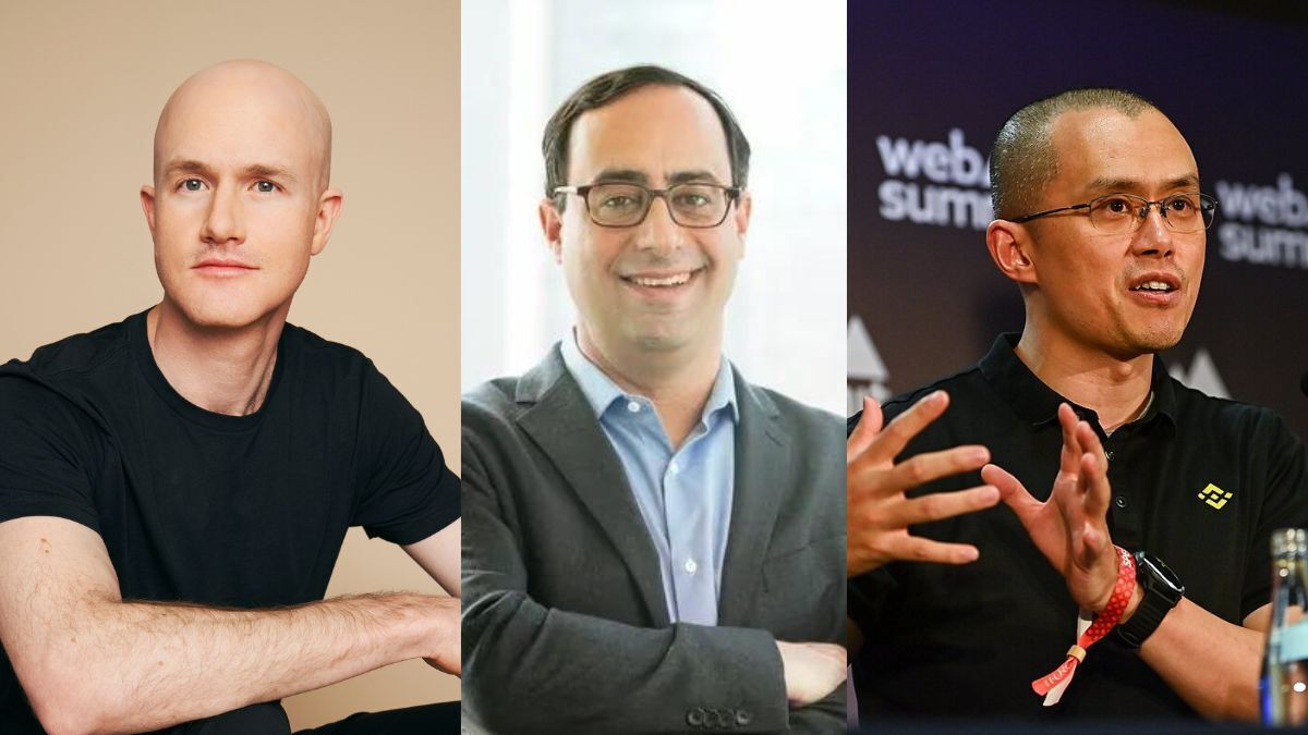 Left to right: Coinbase CEO Brian Armstrong, columnist Matt Levine and Binance CEO Changpeng Zhao - coinbase.com; mattlevine.co; Ben McShane/Web Summit/Sportsfile