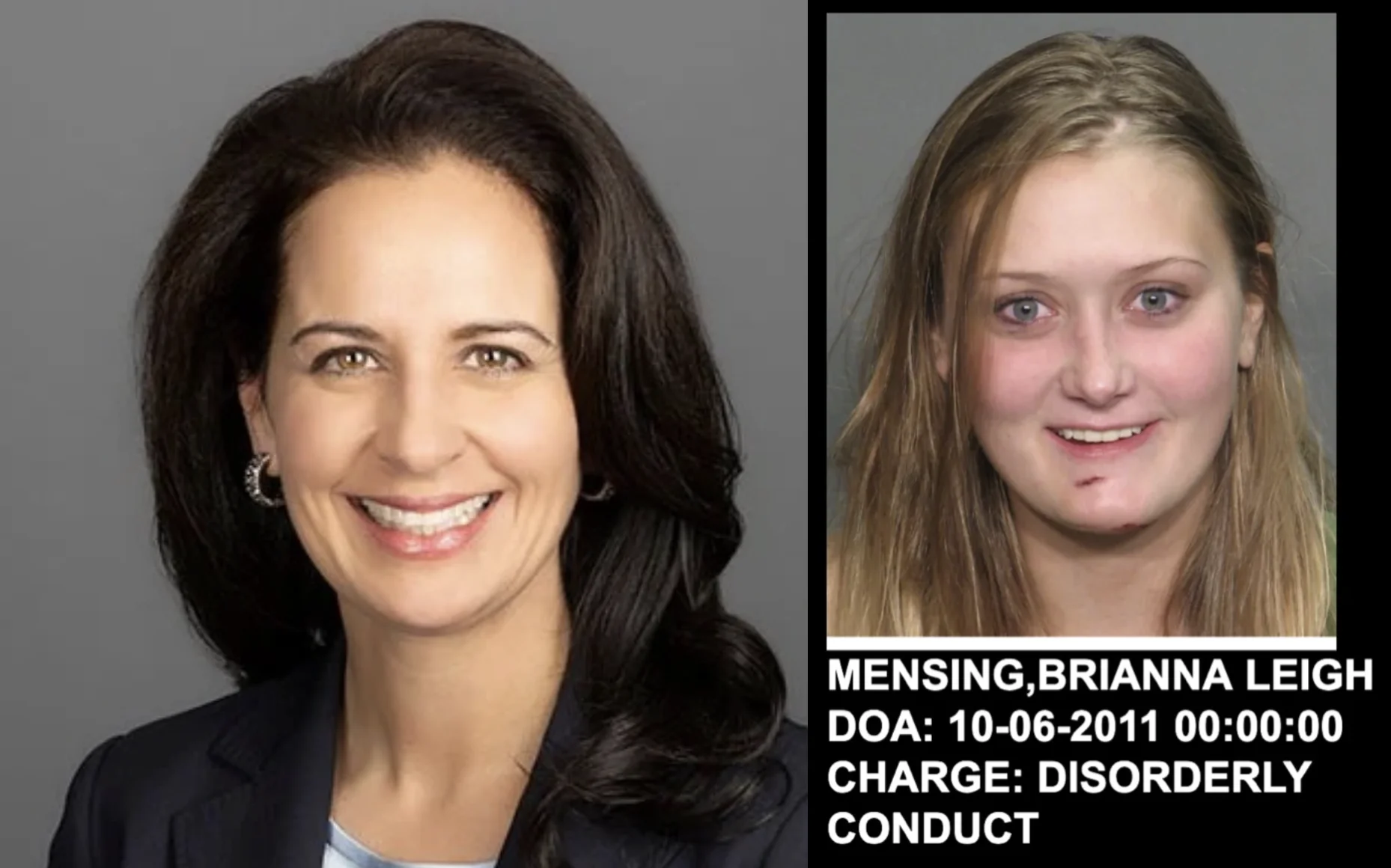 Allison M. Brown (left) of Kirkland & Ellis LLP represented Uber in a case brought by Brianna Leigh Mennsing (right), shown here in a mugshot from her extensive criminal record.