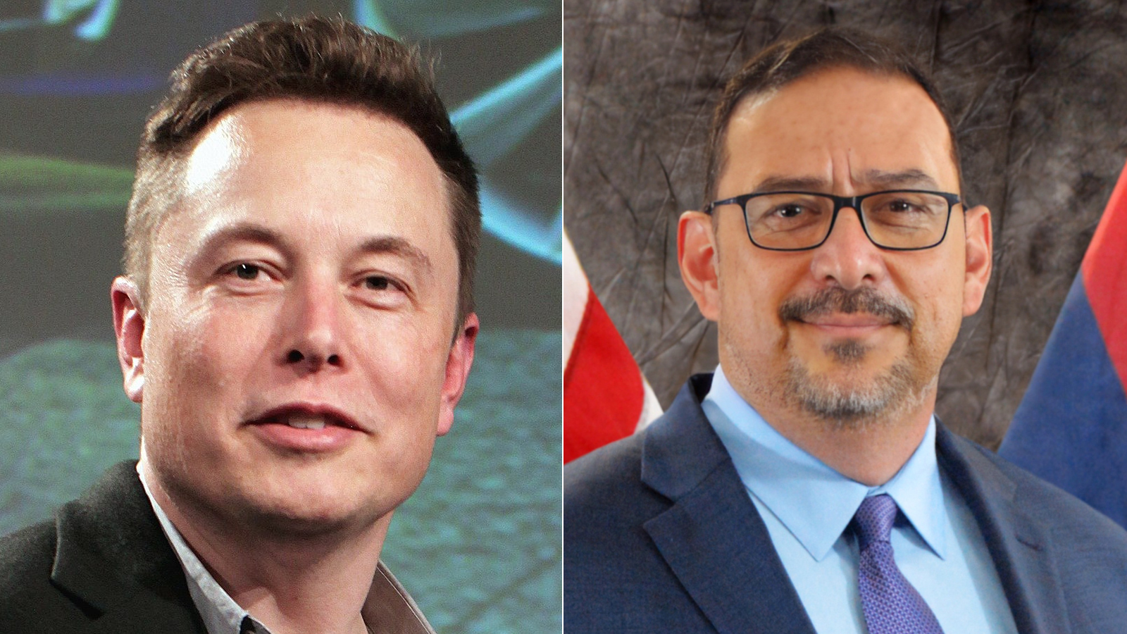 Elon Musk, left, and AZ Sec. of State Adrian Fontes (D)